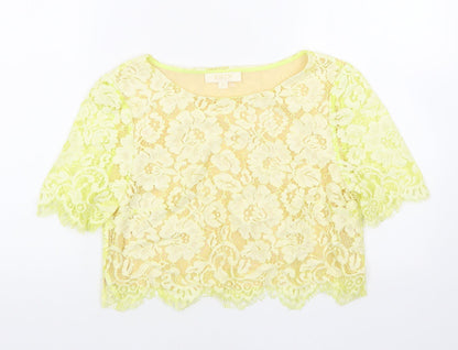 Erin Womens Yellow Floral Cotton Basic T-Shirt Size 6 Round Neck - Lace