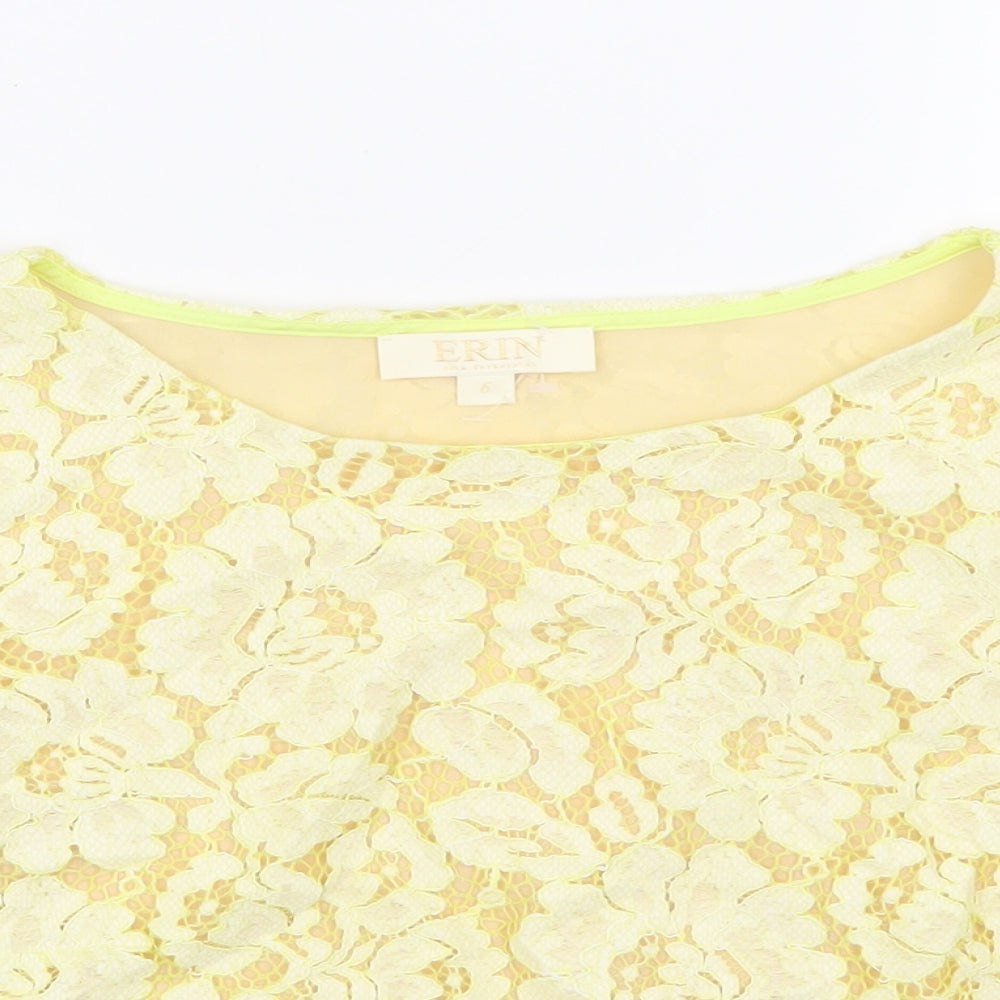 Erin Womens Yellow Floral Cotton Basic T-Shirt Size 6 Round Neck - Lace