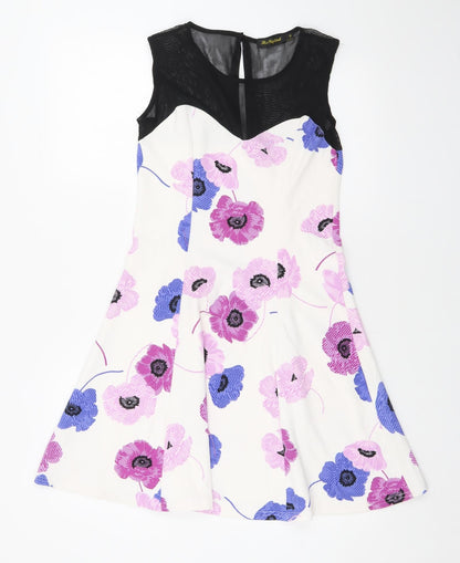 Miss Pretty World Womens White Floral Polyester Skater Dress Size 10 Round Neck Button
