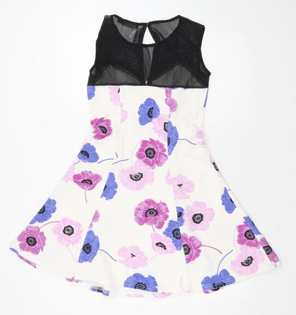 Miss Pretty World Womens White Floral Polyester Skater Dress Size 10 Round Neck Button