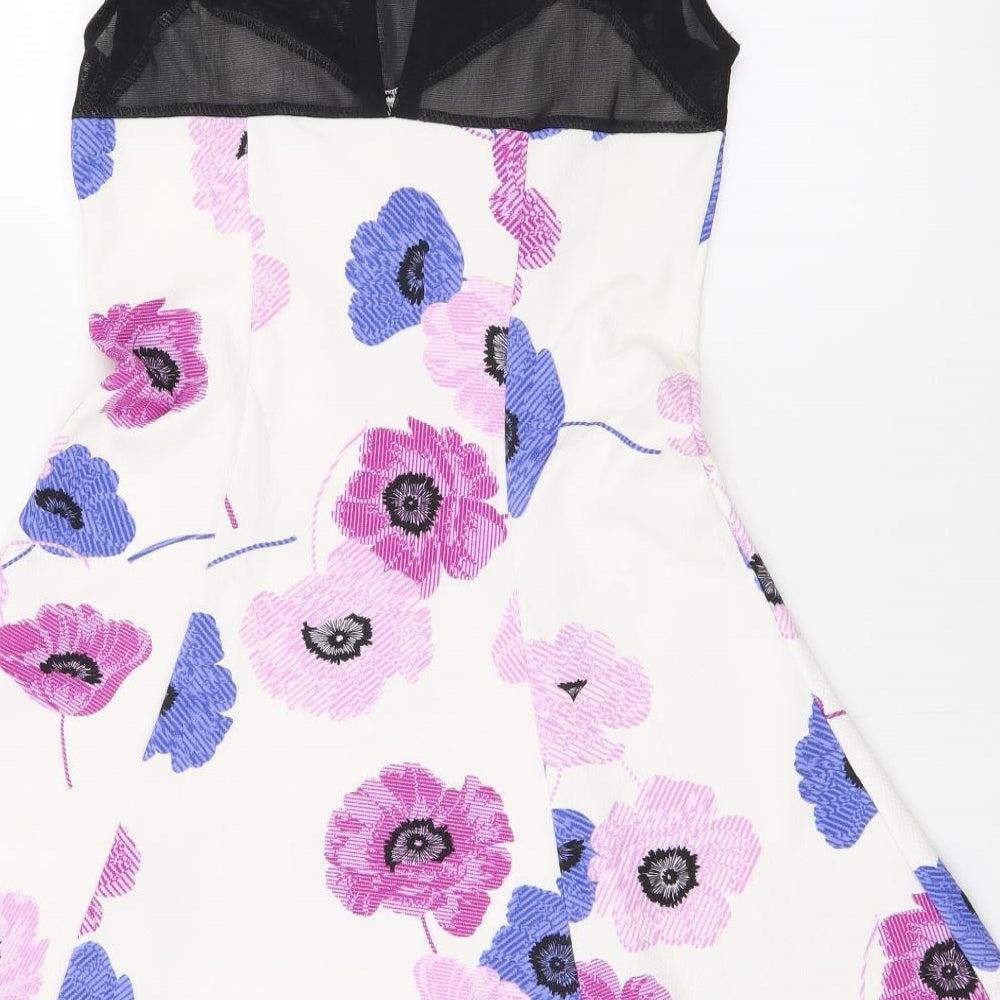 Miss Pretty World Womens White Floral Polyester Skater Dress Size 10 Round Neck Button