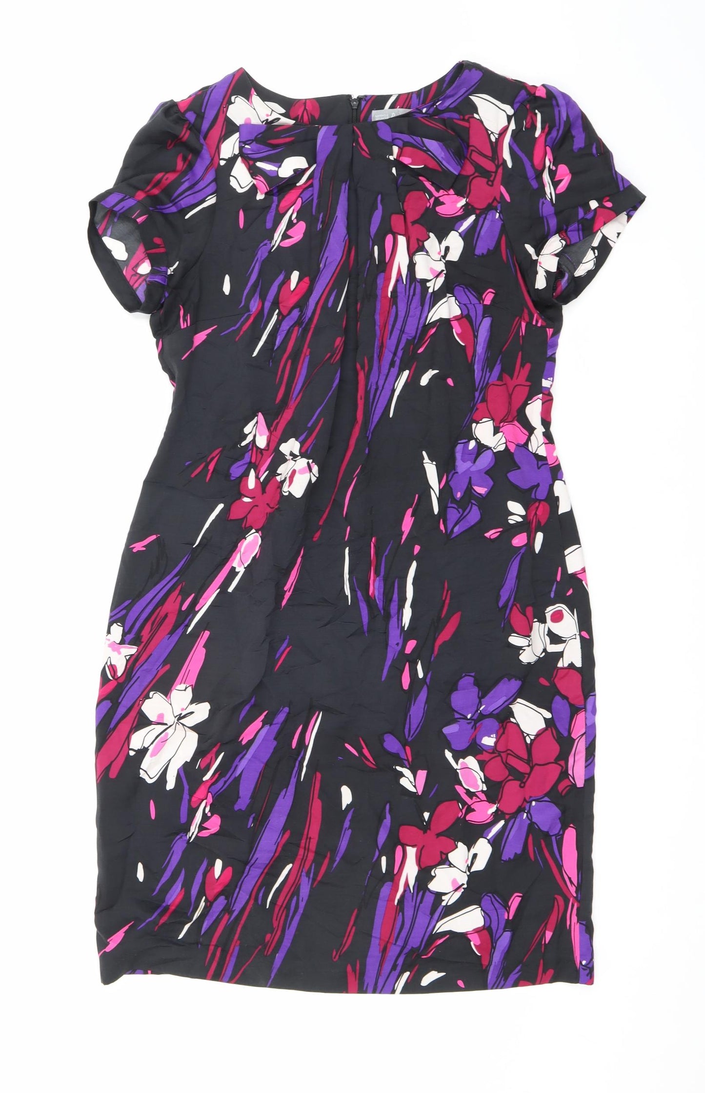 Marks and Spencer Womens Black Geometric Polyester A-Line Size 14 Round Neck Zip