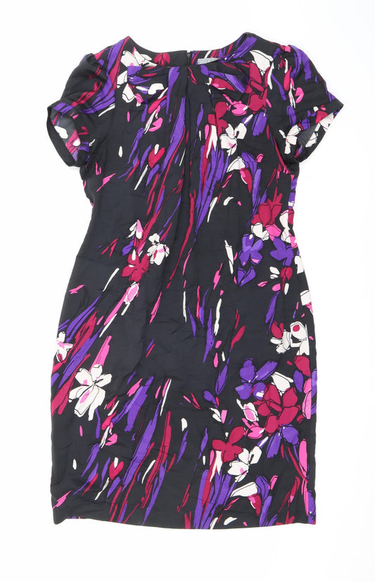 Marks and Spencer Womens Black Geometric Polyester A-Line Size 14 Round Neck Zip