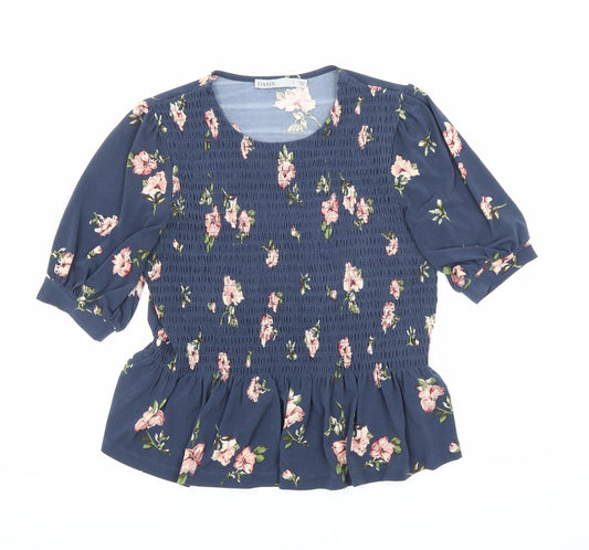 Oasis Womens Blue Floral Polyester Basic T-Shirt Size S Round Neck