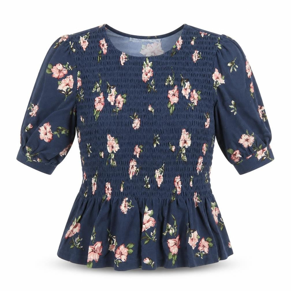 Oasis Womens Blue Floral Polyester Basic T-Shirt Size S Round Neck