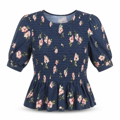 Oasis Womens Blue Floral Polyester Basic T-Shirt Size S Round Neck