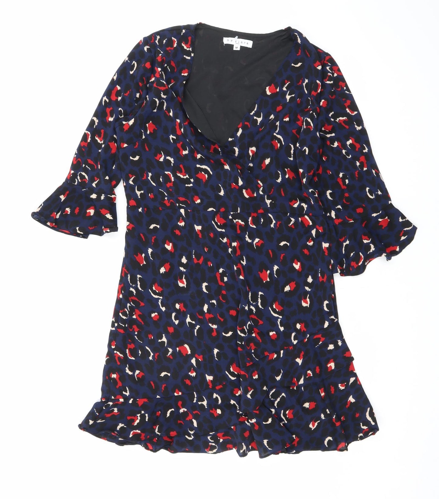 By Clara Womens Blue Animal Print Polyester A-Line Size M V-Neck Zip - Leopard print