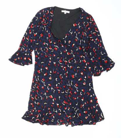 By Clara Womens Blue Animal Print Polyester A-Line Size M V-Neck Zip - Leopard print