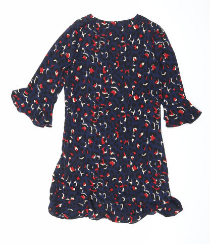 By Clara Womens Blue Animal Print Polyester A-Line Size M V-Neck Zip - Leopard print