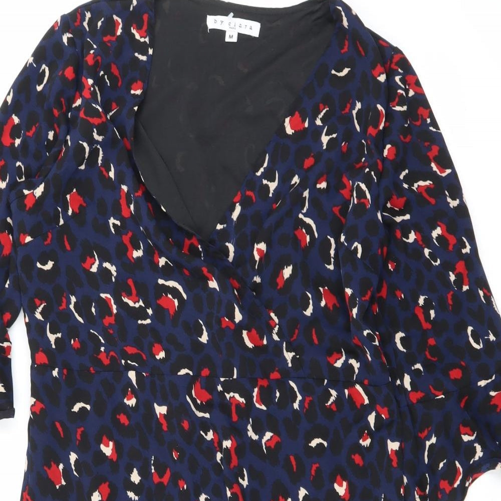 By Clara Womens Blue Animal Print Polyester A-Line Size M V-Neck Zip - Leopard print