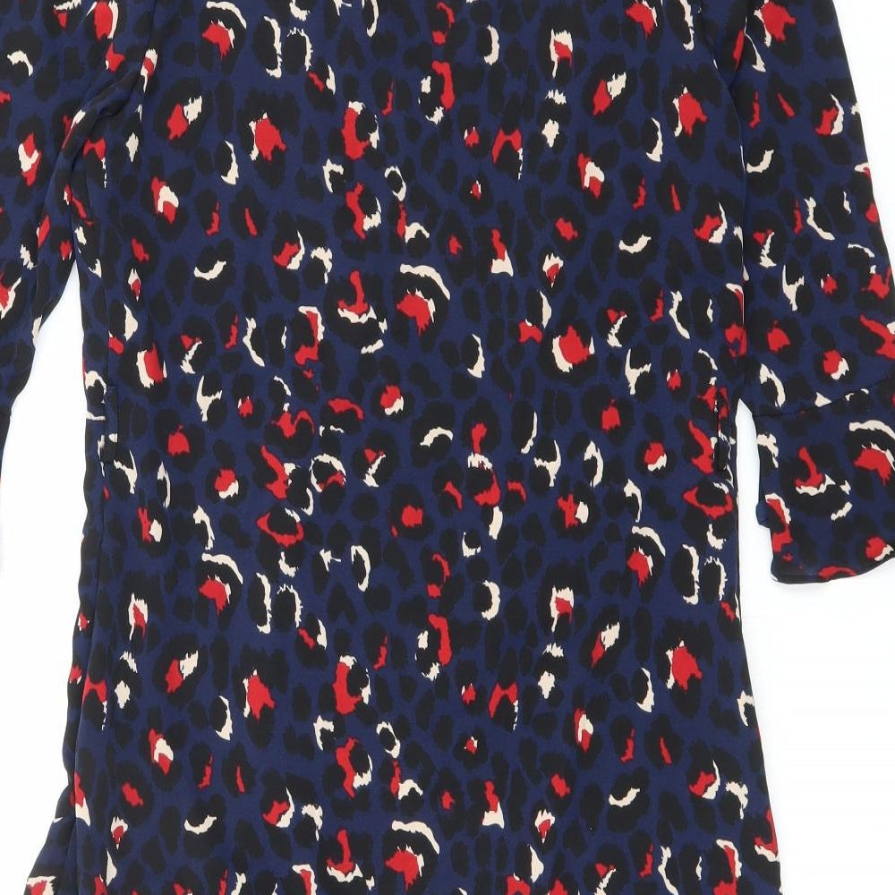 By Clara Womens Blue Animal Print Polyester A-Line Size M V-Neck Zip - Leopard print