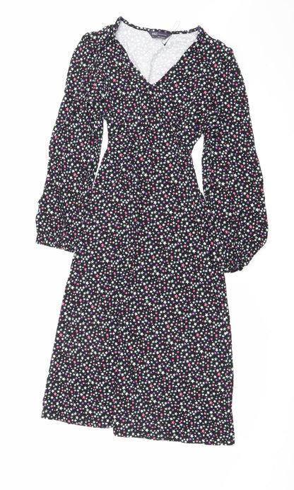 Marks and Spencer Womens Black Geometric Viscose A-Line Size 8 V-Neck Tie