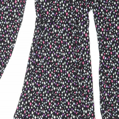Marks and Spencer Womens Black Geometric Viscose A-Line Size 8 V-Neck Tie