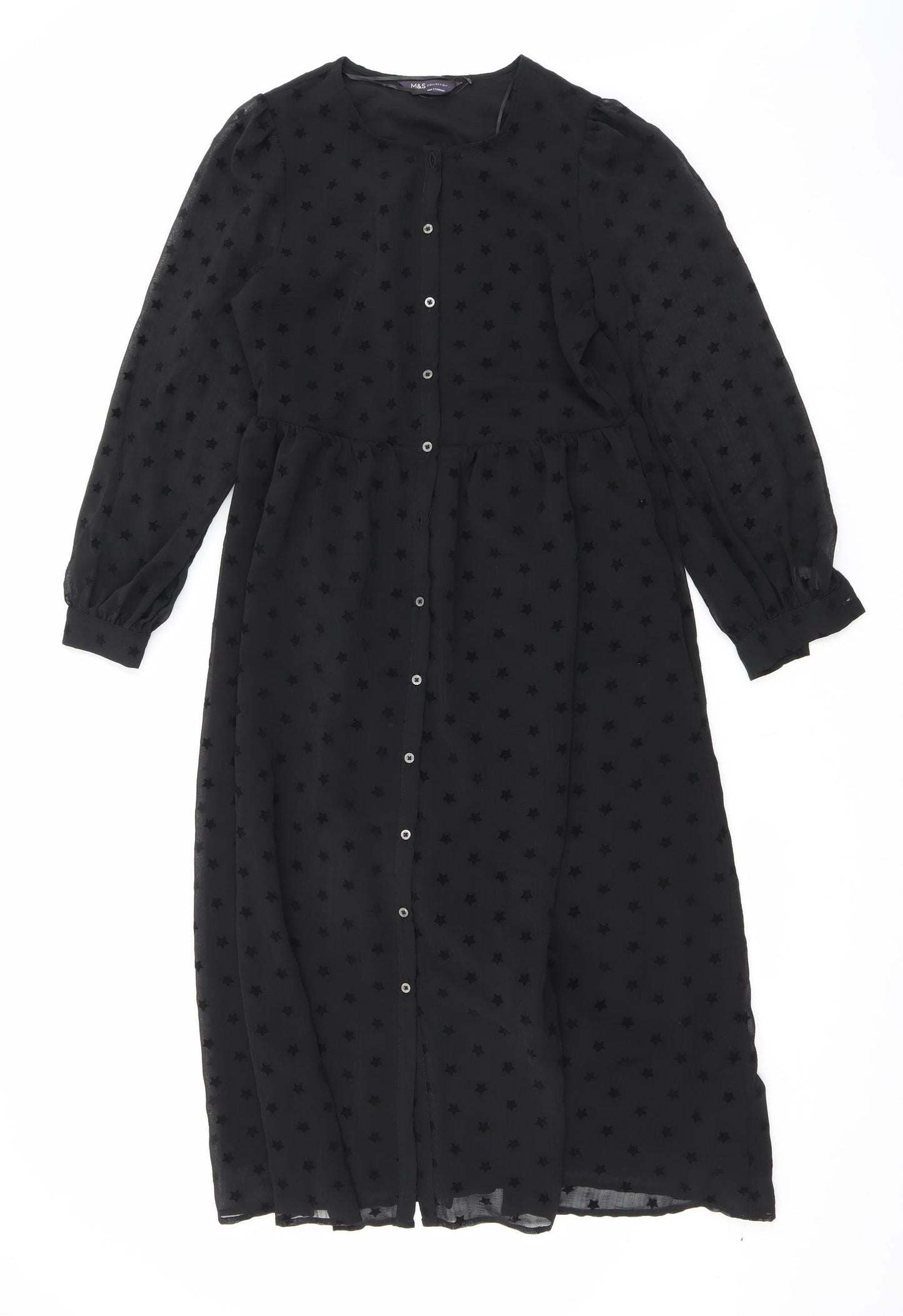 Marks and Spencer Womens Black Geometric Polyester Maxi Size 8 Round Neck Button - Star print