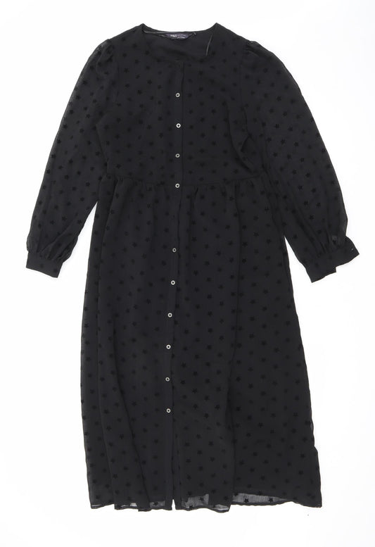 Marks and Spencer Womens Black Geometric Polyester Maxi Size 8 Round Neck Button - Star print