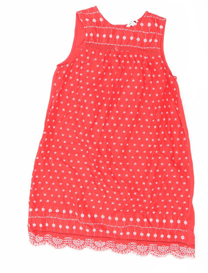 NEXT Womens Red Geometric Cotton A-Line Size 14 Round Neck Button - Embroidered