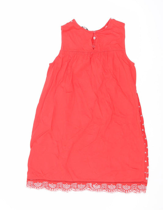 NEXT Womens Red Geometric Cotton A-Line Size 14 Round Neck Button - Embroidered