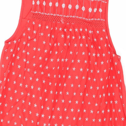 NEXT Womens Red Geometric Cotton A-Line Size 14 Round Neck Button - Embroidered