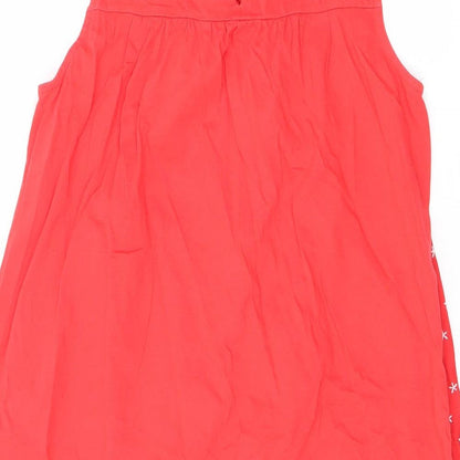 NEXT Womens Red Geometric Cotton A-Line Size 14 Round Neck Button - Embroidered