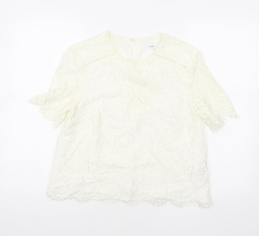 John Lewis Womens Ivory Geometric Cotton Basic T-Shirt Size 12 Round Neck