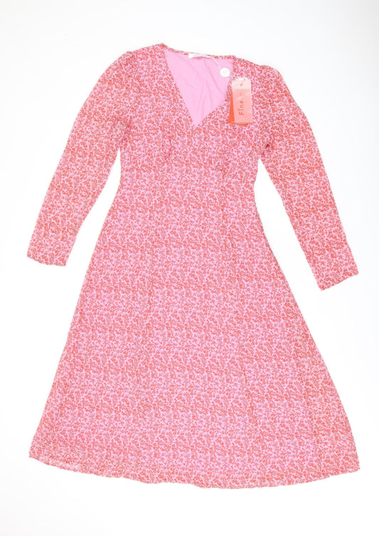 Finery Womens Pink Floral Polyester A-Line Size 10 V-Neck Zip