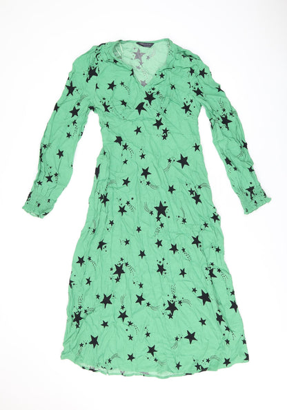 Marks and Spencer Womens Green Geometric Viscose A-Line Size 8 V-Neck Zip - Star Print
