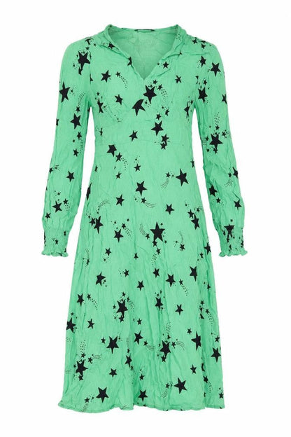 Marks and Spencer Womens Green Geometric Viscose A-Line Size 8 V-Neck Zip - Star Print
