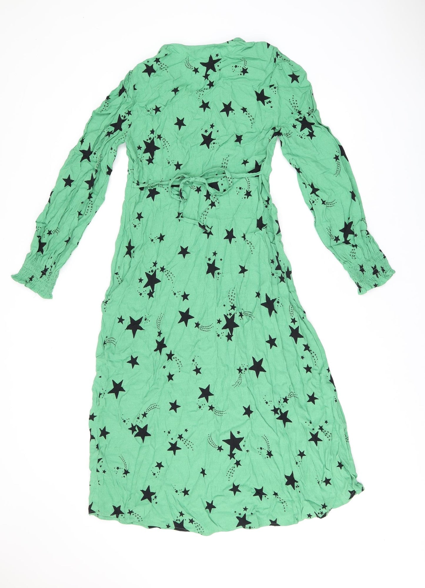Marks and Spencer Womens Green Geometric Viscose A-Line Size 8 V-Neck Zip - Star Print