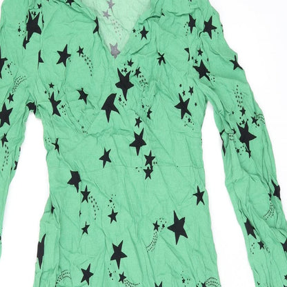 Marks and Spencer Womens Green Geometric Viscose A-Line Size 8 V-Neck Zip - Star Print