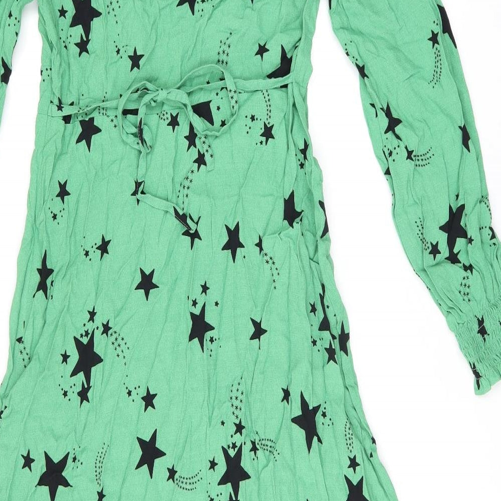 Marks and Spencer Womens Green Geometric Viscose A-Line Size 8 V-Neck Zip - Star Print