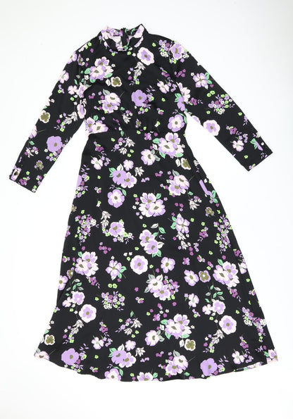 Marks and Spencer Womens Black Floral Polyester A-Line Size 8 Round Neck Zip