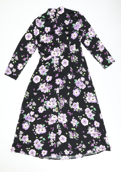 Marks and Spencer Womens Black Floral Polyester A-Line Size 8 Round Neck Zip