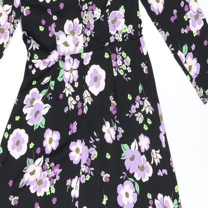 Marks and Spencer Womens Black Floral Polyester A-Line Size 8 Round Neck Zip