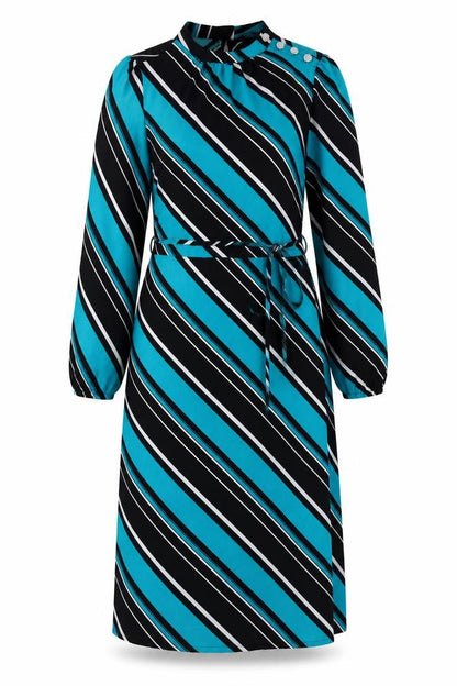 Marks and Spencer Womens Blue Striped Polyester A-Line Size 12 Mock Neck Button