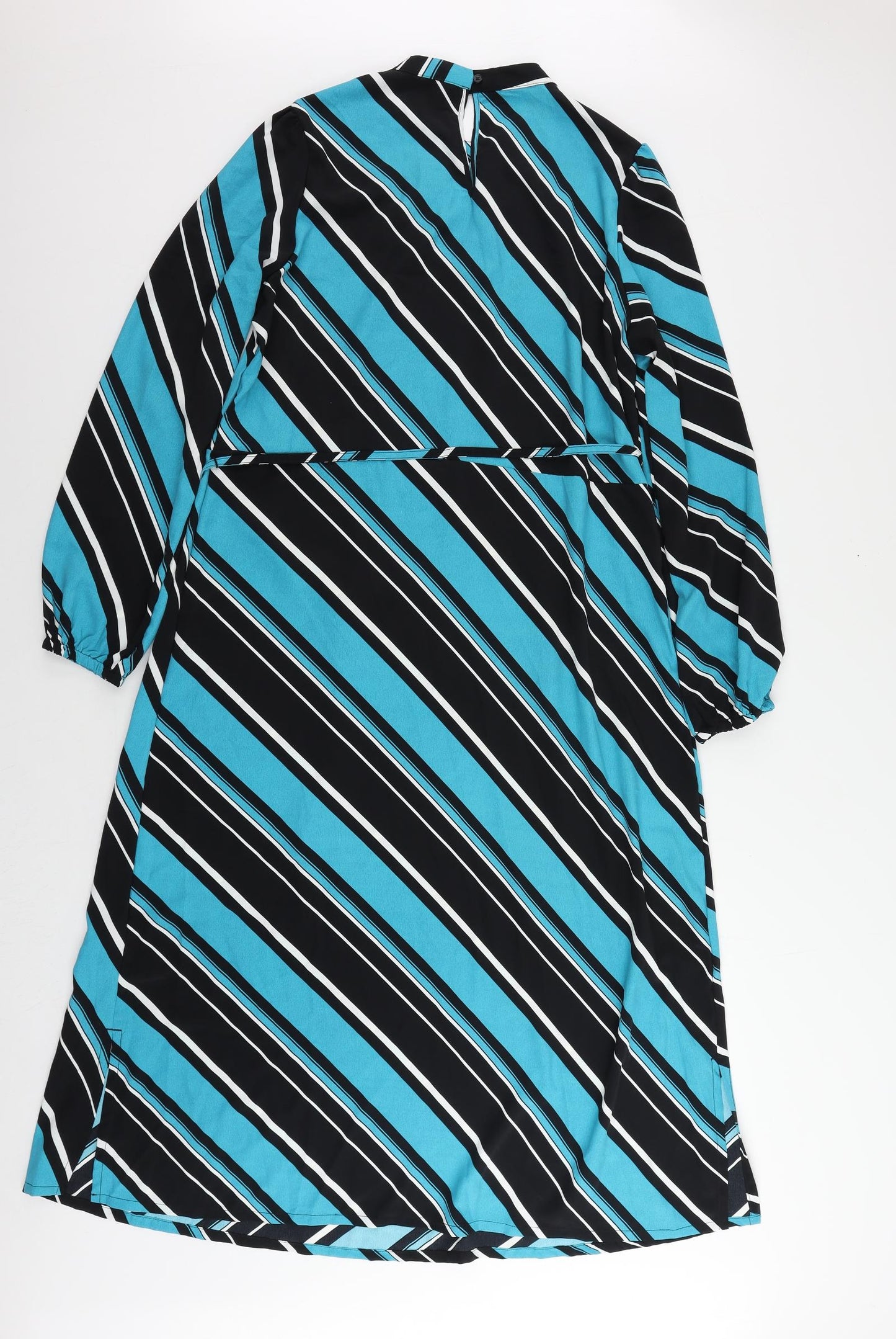 Marks and Spencer Womens Blue Striped Polyester A-Line Size 12 Mock Neck Button