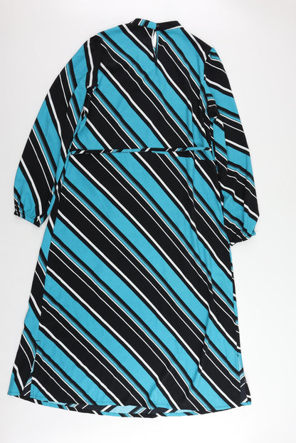 Marks and Spencer Womens Blue Striped Polyester A-Line Size 12 Mock Neck Button