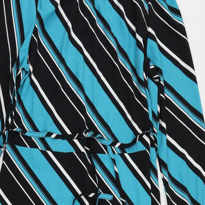 Marks and Spencer Womens Blue Striped Polyester A-Line Size 12 Mock Neck Button