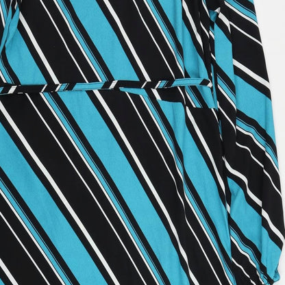 Marks and Spencer Womens Blue Striped Polyester A-Line Size 12 Mock Neck Button