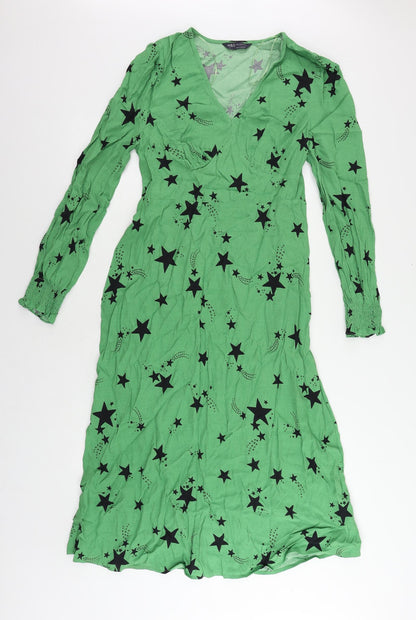 Marks and Spencer Womens Green Geometric Viscose A-Line Size 10 V-Neck Zip - Star Print