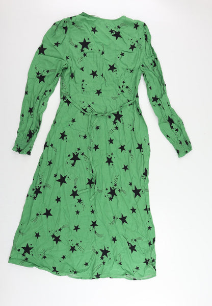Marks and Spencer Womens Green Geometric Viscose A-Line Size 10 V-Neck Zip - Star Print