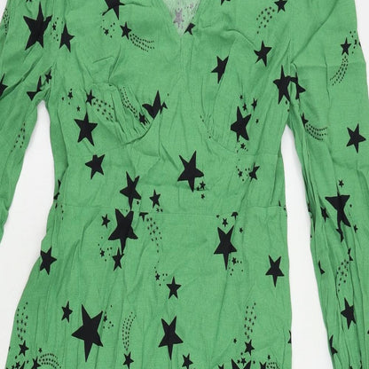 Marks and Spencer Womens Green Geometric Viscose A-Line Size 10 V-Neck Zip - Star Print