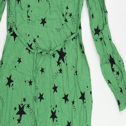 Marks and Spencer Womens Green Geometric Viscose A-Line Size 10 V-Neck Zip - Star Print