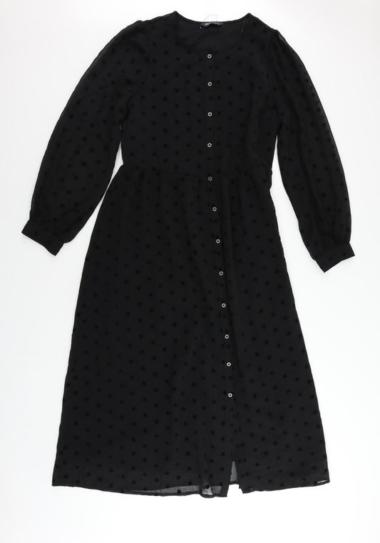 Marks and Spencer Womens Black Geometric Polyester A-Line Size 10 Round Neck Button - Star Pattern