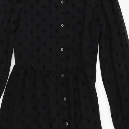Marks and Spencer Womens Black Geometric Polyester A-Line Size 10 Round Neck Button - Star Pattern