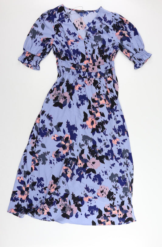 Marks and Spencer Womens Blue Geometric Polyester Maxi Size 6 V-Neck Button - Elastic Waist