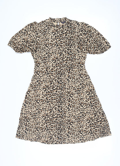M&S Women Beige Animal Print A-Line Knee Dress 10