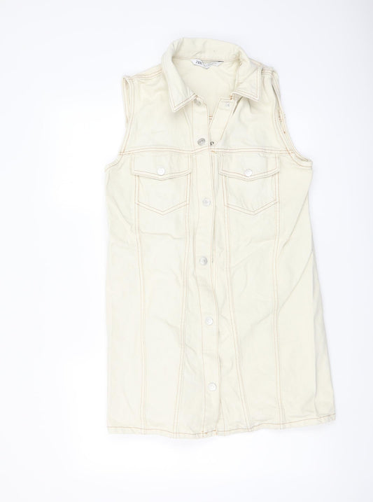 Zara Womens Ivory Cotton Pinafore/Dungaree Dress Size M Collared Button
