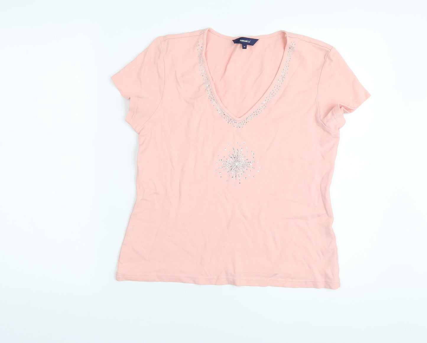 Casual Club# Womens Pink Cotton Basic T-Shirt Size 14 V-Neck