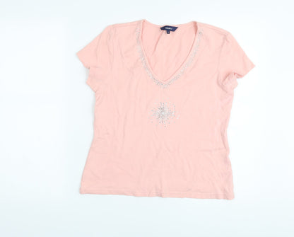Casual Club# Womens Pink Cotton Basic T-Shirt Size 14 V-Neck