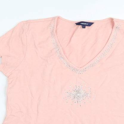 Casual Club# Womens Pink Cotton Basic T-Shirt Size 14 V-Neck